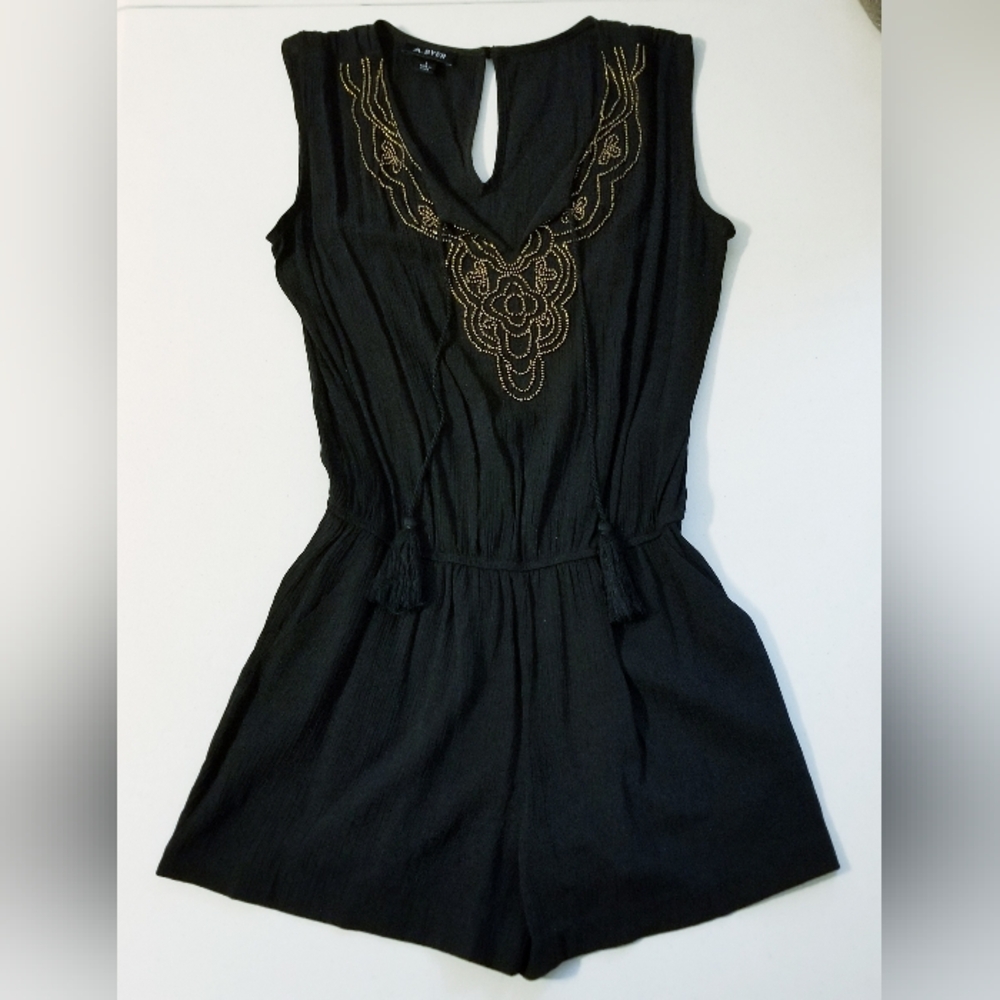 A. Byer Black Gold Beaded Tassled Embellished Stretch Romper Shorts S Boho